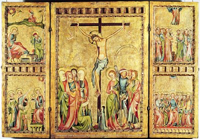 Altarbild mit der Kreuzigung im Mittelteil und Szenen aus dem Leben Christi auf den Seitenflügeln, ca. 1330 von Master of Cologne